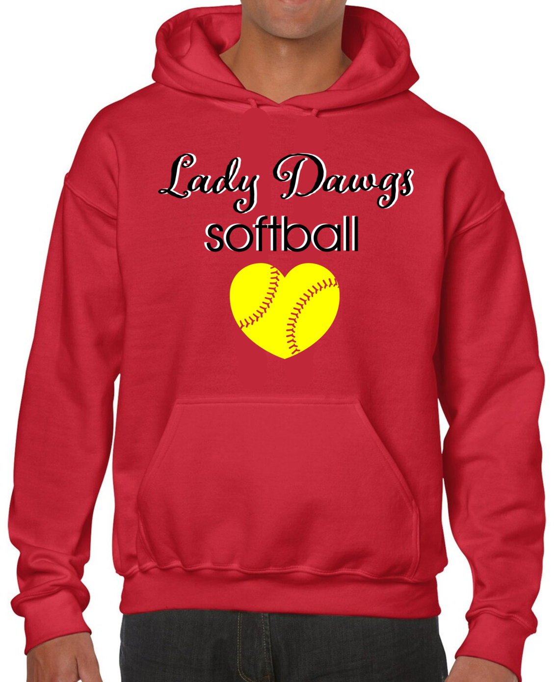 Lady Dawgs Softball Heart Red Cotton Hoodie Sweatshirt w/ Personalization