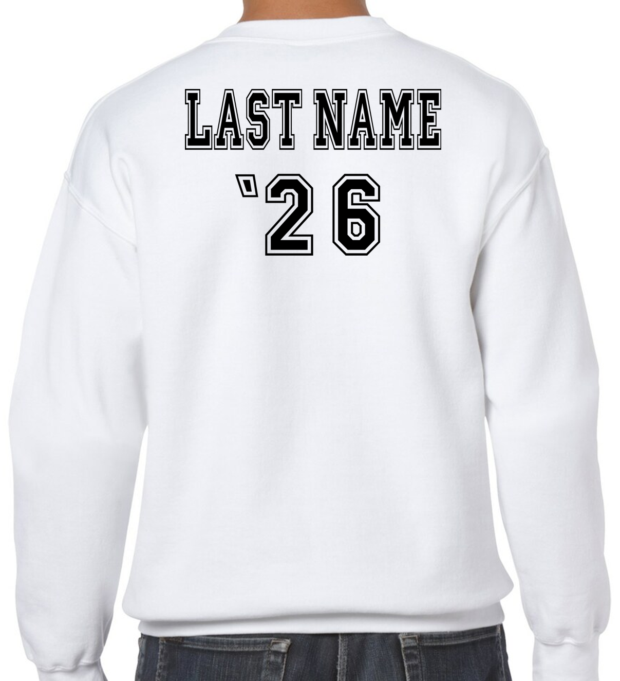 Senior White Crewneck Sweatshirt with LAST NAME