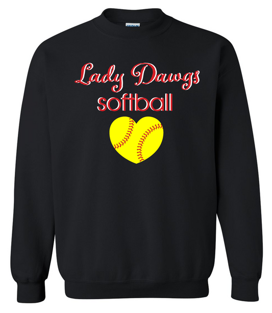 Lady Dawgs Softball Heart Black Crewneck Sweatshirt w/ Personalization