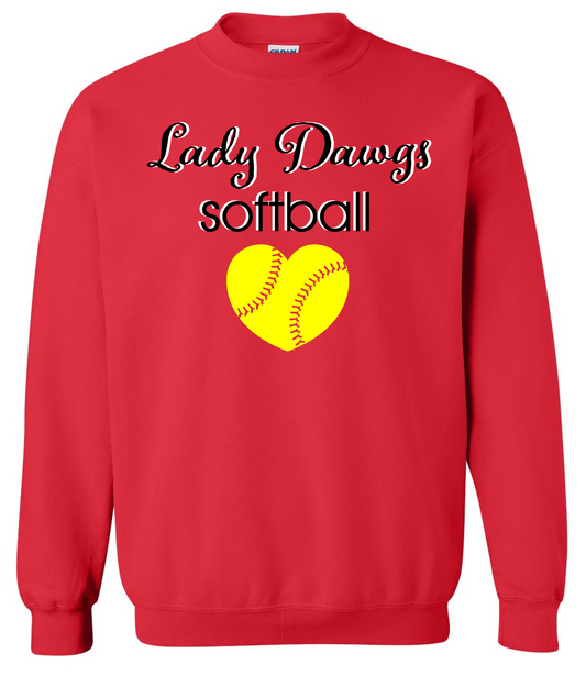Lady Dawgs Softball Heart Red Crewneck Sweatshirt w/ Personalization