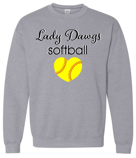 Lady Dawgs Softball Heart Grey Crewneck Sweatshirt (No Personalization)