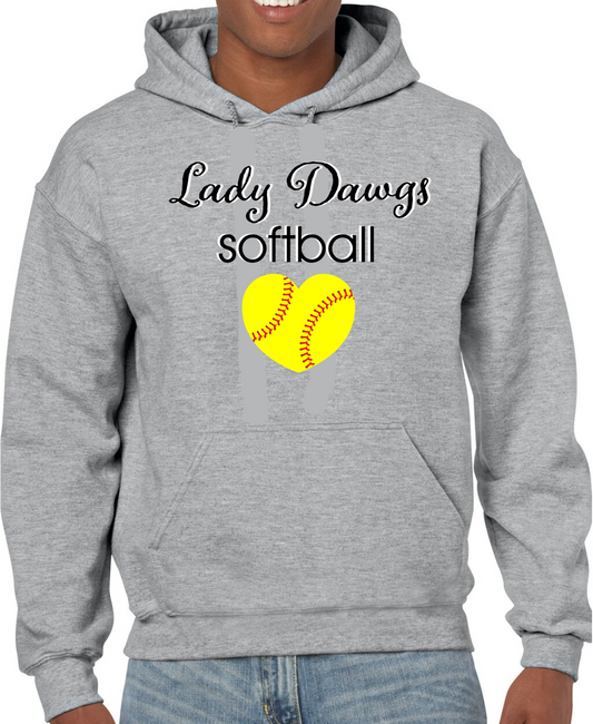 Lady Dawgs Softball Heart Grey Cotton Hoodie Sweatshirt w/ Personalization