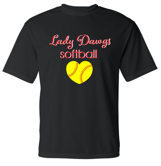 Lady Dawgs Softball Heart Black Short Sleeve Dri-fit T-shirt w/ Personalization