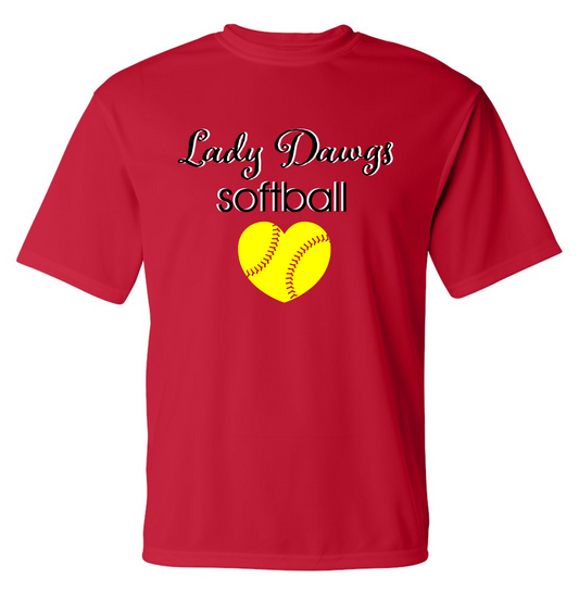 Lady Dawgs Softball Heart Red Short Sleeve Dri-fit T-shirt (No Personalization)