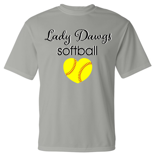 Lady Dawgs Softball Heart Grey Short Sleeve Dri-fit T-shirt w/ Personalization