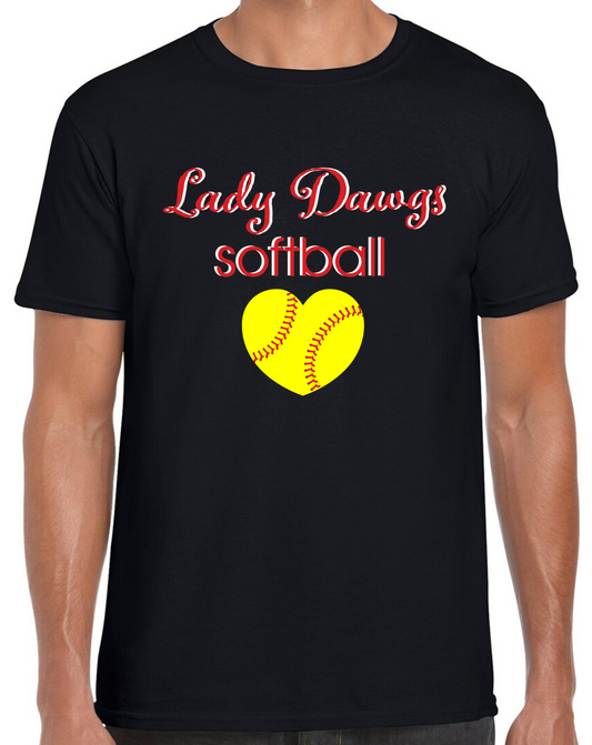 Lady Dawgs Softball Heart Black Short Sleeve Cotton T-shirt (No Personalization)