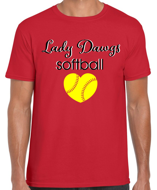 Lady Dawgs Softball Heart Red Short Sleeve Cotton T-shirt (No Personalization)
