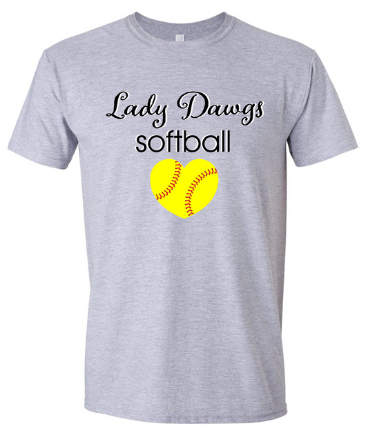 Lady Dawgs Softball Heart Grey Short Sleeve Cotton T-shirt w/ Personalization