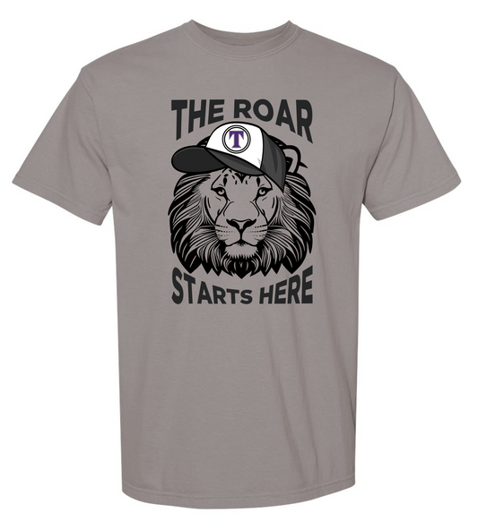 TCS Lower School "The Roar Starts Here Ball Cap" Comfort Color Grey Short Sleeve T-Shirt