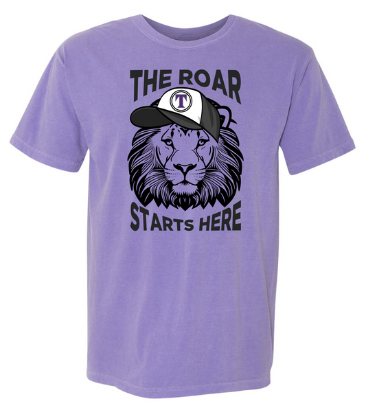 TCS Lower School "The Roar Starts Here Ball Cap" Comfort Color Violet Short Sleeve T-Shirt