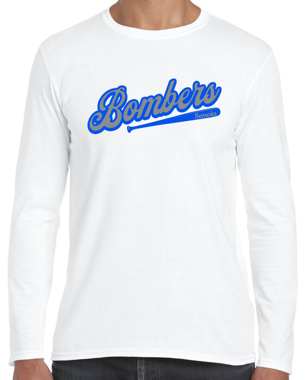 Senoia Bombers Bat Baseball White Long Sleeve T-shirts w/ Personalization