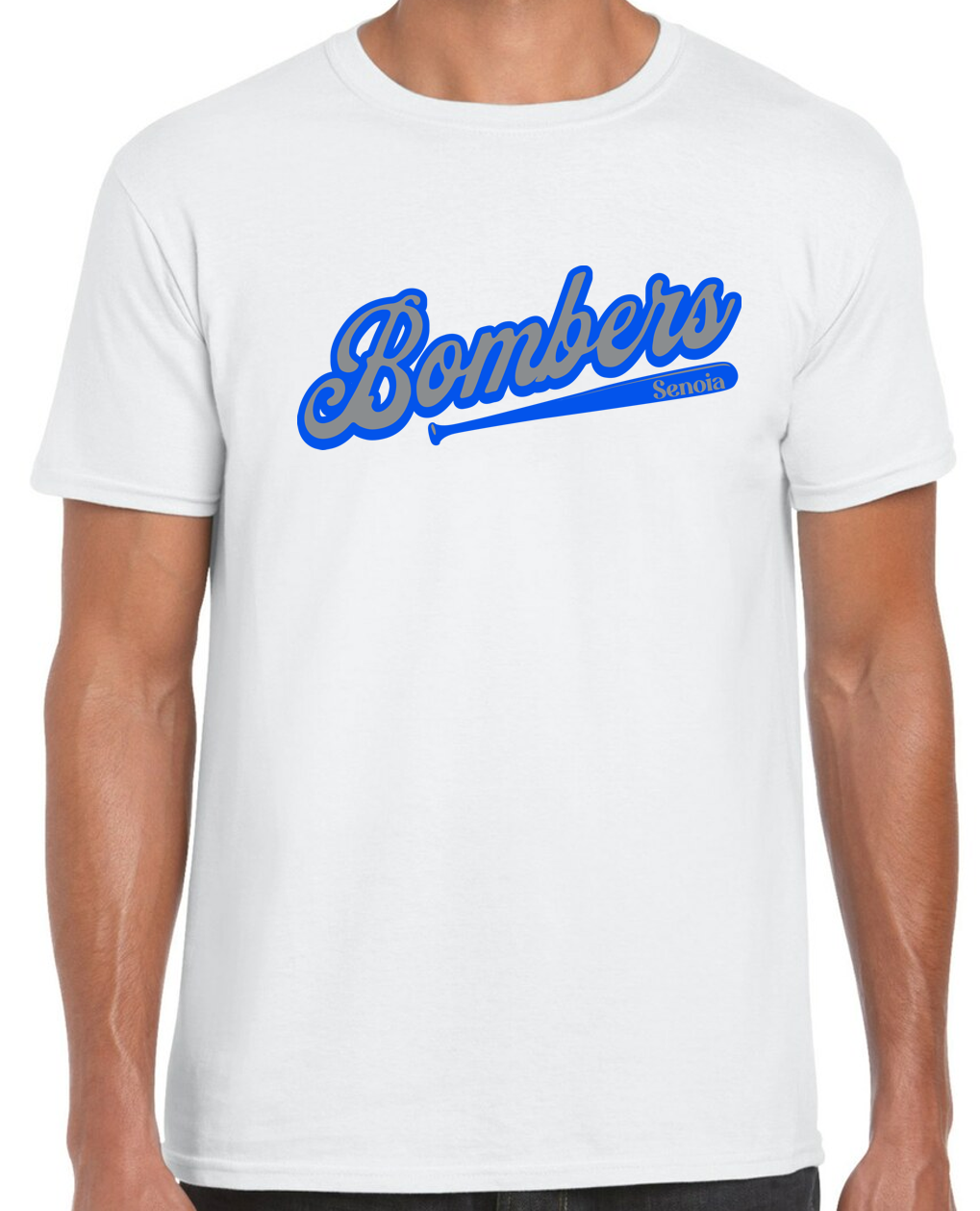 Senoia Bombers Bat Baseball White Short Sleeve Cotton T-shirt w/ Personalization